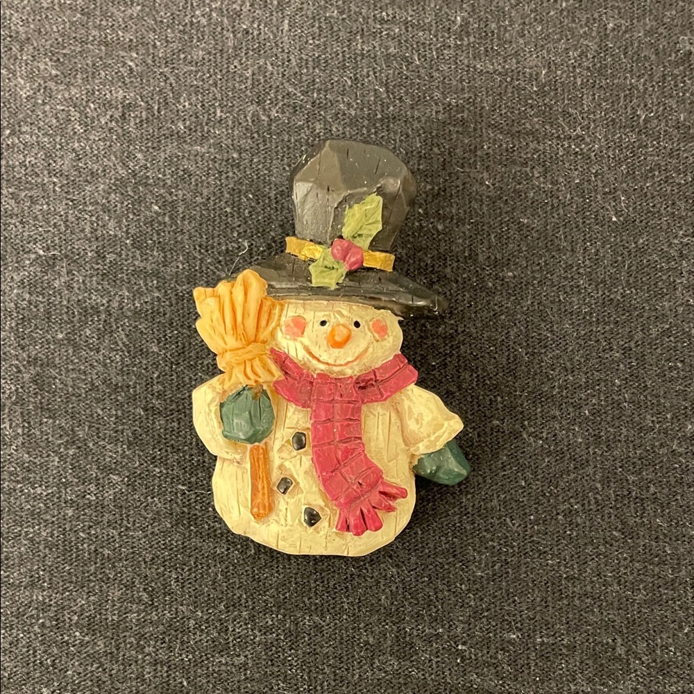 Hand-Painted Snowman Brooch with Top Hat and Broom